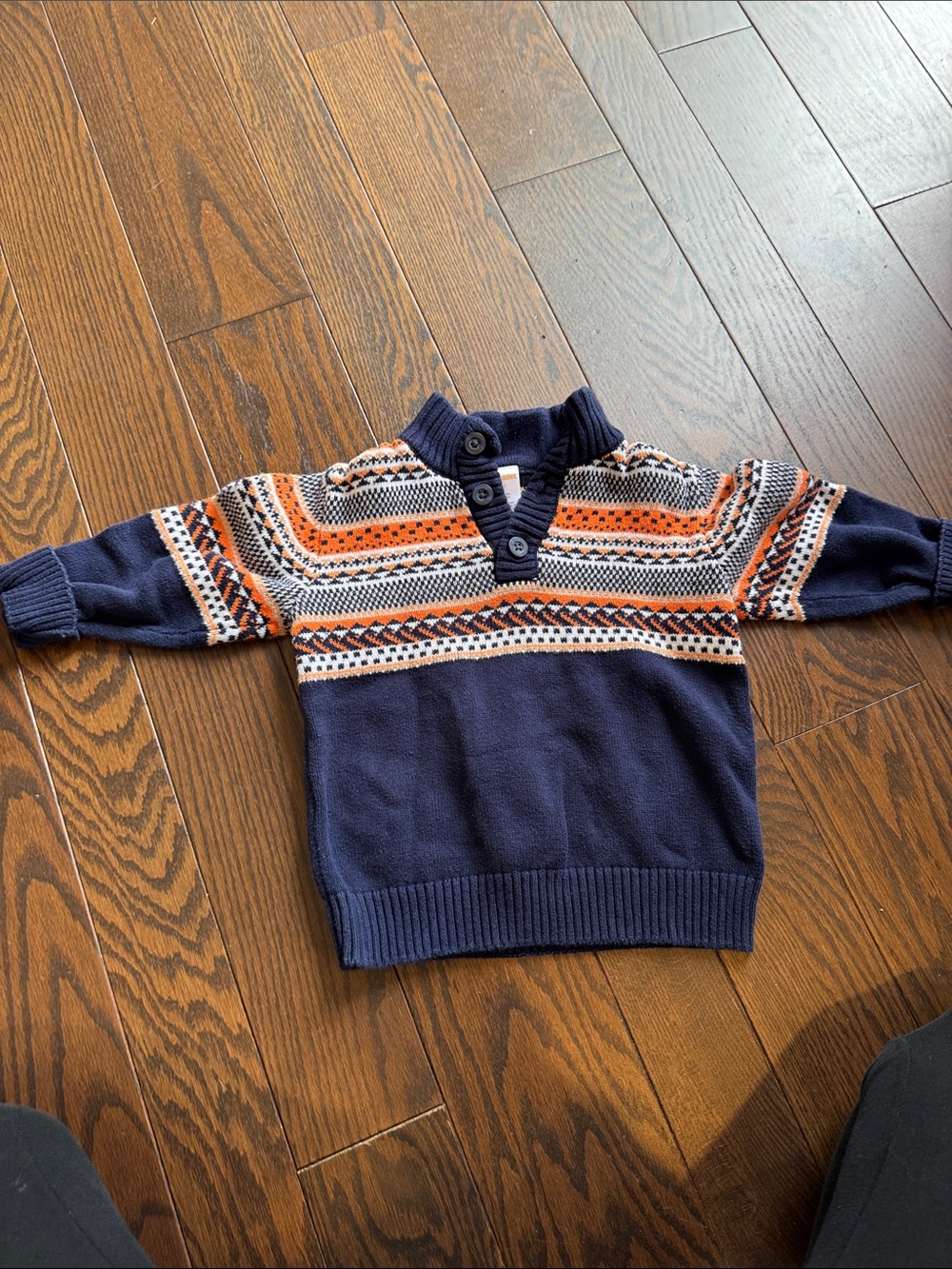 Gymboree Navy Zip-Up Patterned Sweater with Orange and Cream Accents
